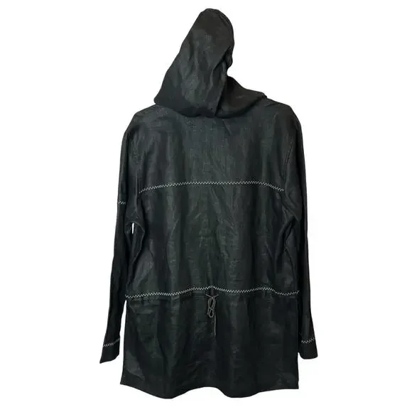 VTG Mureli Collection Women’s M Black Linen Hooded Lagenlook Artsy Jacket Art - Picture 2 of 14